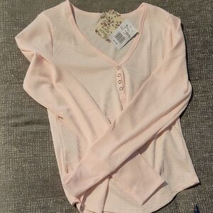 Pink Republic Light Pink Ribbed Henley Long Sleeve Top